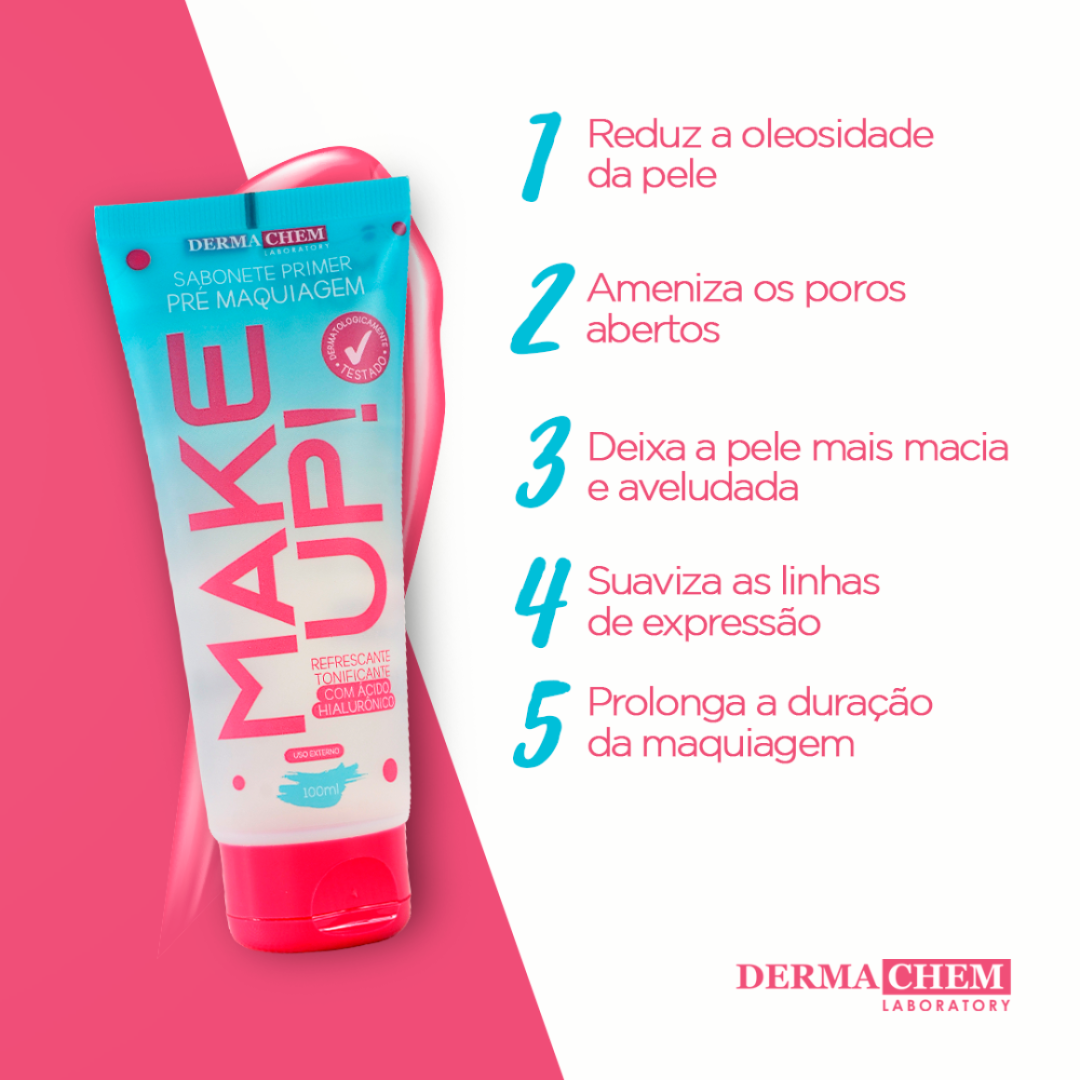 O Sabonete Primer Pré Maquiagem Make UP Dermachem prepara sua pele para uma maquiagem perfeita com o Sabonete Primer da Dermachem. Desenvolvido com ácido hialurônico, ele promove uma hidratação profunda 3D, deixando a pele mais macia, uniforme e aveludada.