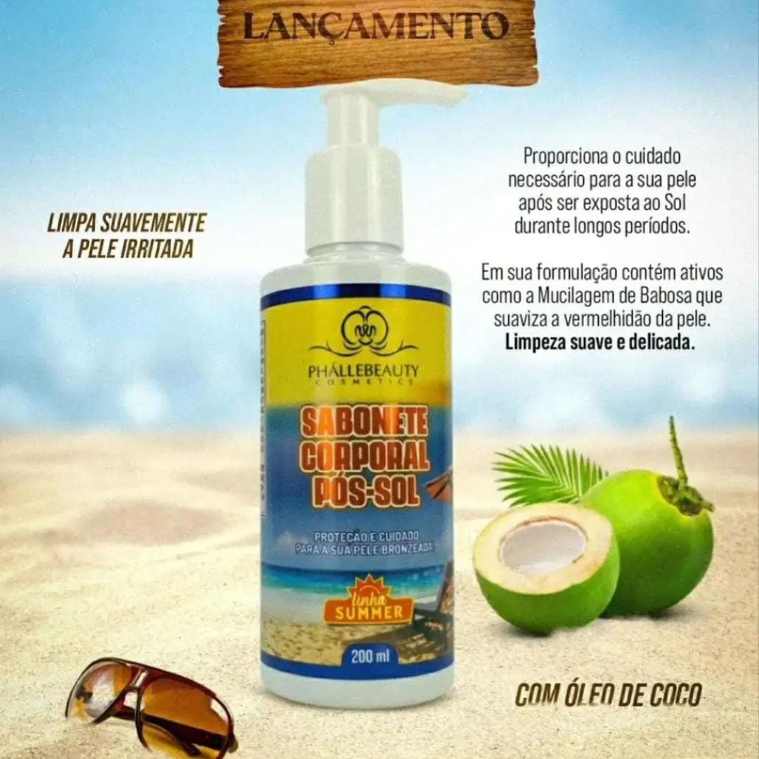 O Sabonete Corporal Pós Sol Phállebeauty proporciona o cuidado necessário para sua pele após ser exposta ao Sol durante longos períodos. Em sua formação contém ativos como a mucilagem de babosa que suaviza a vermelhidão da pele. Limpeza suave e delicada.