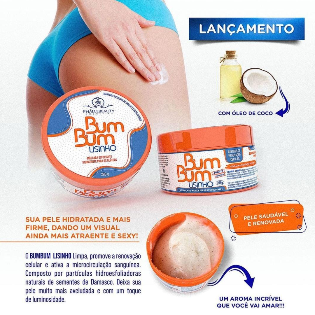 Conquiste uma pele mais lisa, macia e uniforme com o Esfoliante Bum Bum Lisinho Phállebeauty Desenvolvido com partículas naturais de sementes de damasco, ele promove uma esfoliação eficaz, ajudando na renovação celular e deixando a pele com toque aveludado e iluminado.