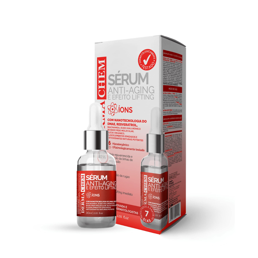 O Sérum Anti-Aging e Efeito Lifting DermaChem foi desenvolvido com a alta tecnologia de Nanovetores, ativos superpotentes do DMAE, do antioxidante Resveratrol e dos polissacarídeos do Baobab, que melhoram as linhas de expressão, rugas, pé-de-galinha e flacidez, promovendo o efeito lifting e deixando sua pele muito mais uniforme.