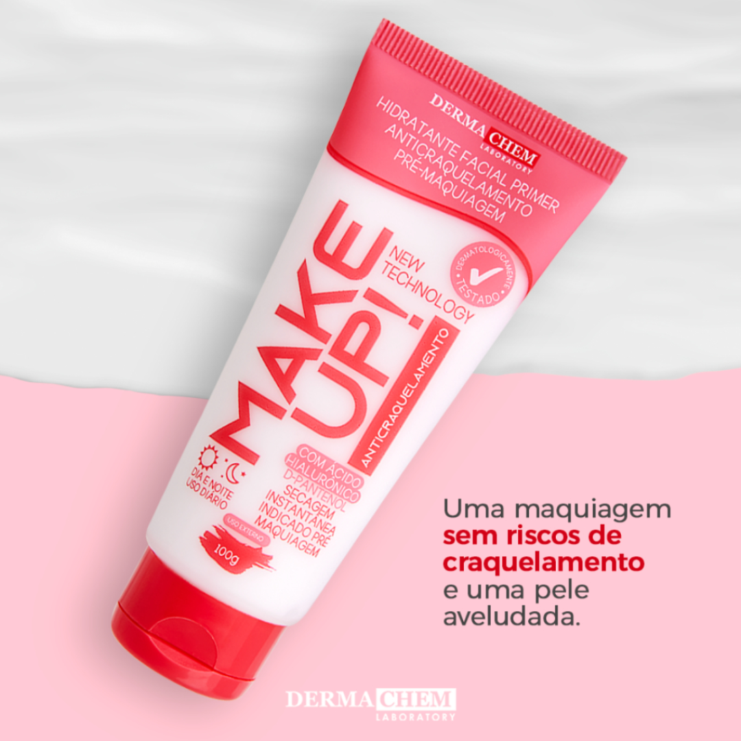 O Hidratante Facial Primer Anticraquelamento DermaChem possui hidratação elástica D-Pantenol e ácido hialurônico, que atinge até 7 camadas da pele, amenizando pequenas imperfeições, linhas de expressões, garantindo uma textura plana, aveludada e elástica na preparação da pele uma aplicação uniforme da maquiagem, evitando o craquelamento