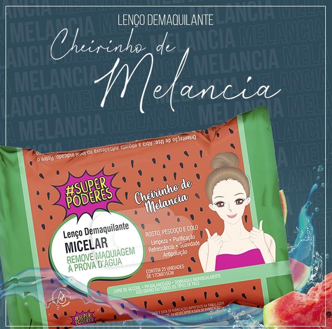 O Lenço Demaquilante Micelar Super Poderes foi desenvolvido para remover maquiagem à prova d’água e impurezas, deixando a pele limpa, hidratada, purificada, refrescante e com cheirinho de melancia. Indicado para o rosto, pescoço e colo.