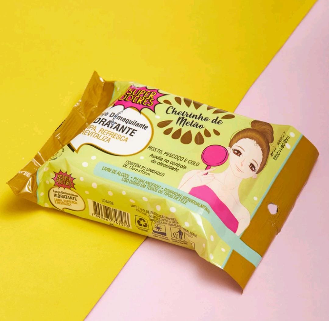 O Lenço Demaquilante Hidratante Cheirinho de Melão Super Poderes Cheirinho de Melão é indicado para o rosto, pescoço e colo. Sua fórmula é livre de álcool, tem o pH balanceado e auxilia no controle da oleosidade.