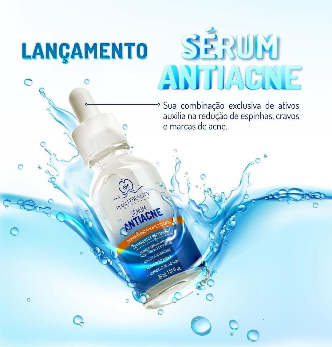 O Sérum Facial Antiacne Phállebeauty auxiliará no controle acneico melhor tratamento para pele acneical trata Instantaneamente com eficácia e segurança Cientificamente formulado com componentes de altissima performance dentre eles um blend de ácidos orgânicos naturais, e a Niacinamida nossa consagrada vitamina B3 proporcionando assim múltiplos benefícios.