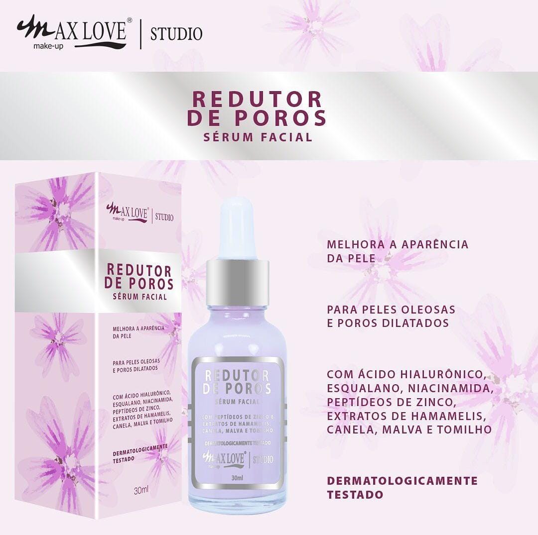 O Sérum Facial Redutor De Poros Max Love melhora a aparência da pele, auxilia no fechamento do poros, deixando a textura da pele mais lisa e uniforme. Para peles oleosas e poros dilatados.