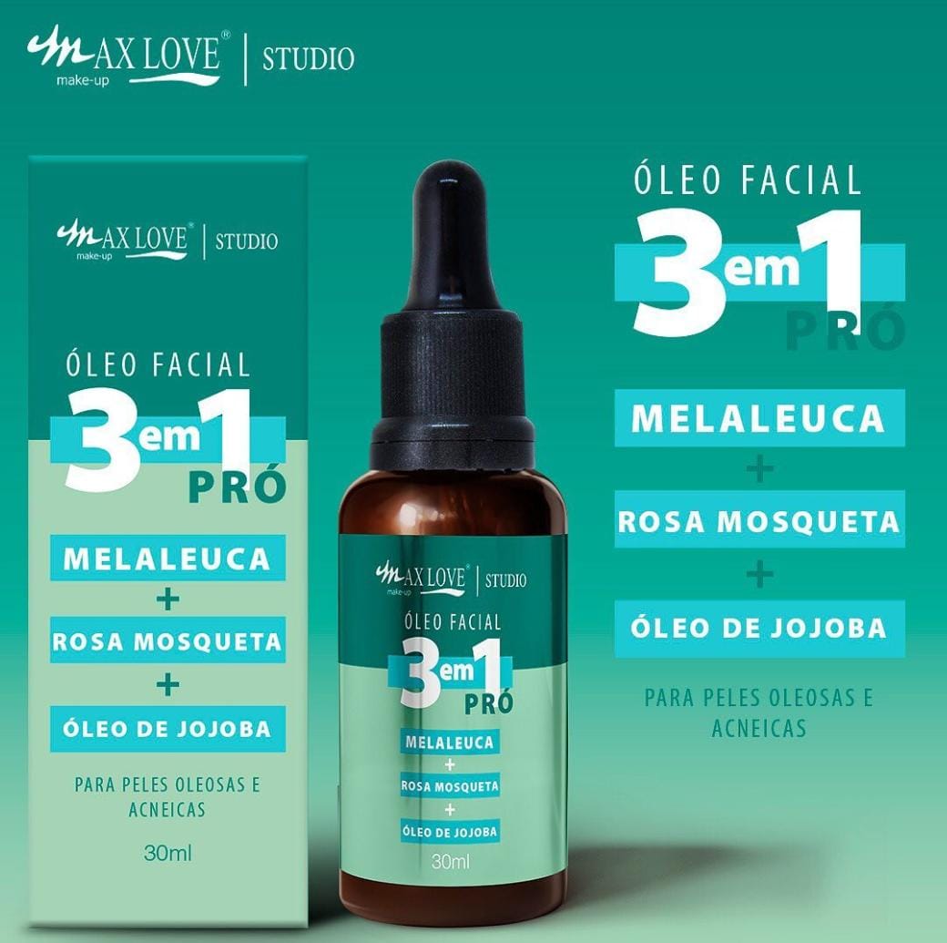 O Óleo Facial 3 em 1 Pró Max Love, entrega um blend de óleos especialmente selecionados para este tipo de pede auxiliam no controle da oleosidade e regeneração sem danificar a pele.
