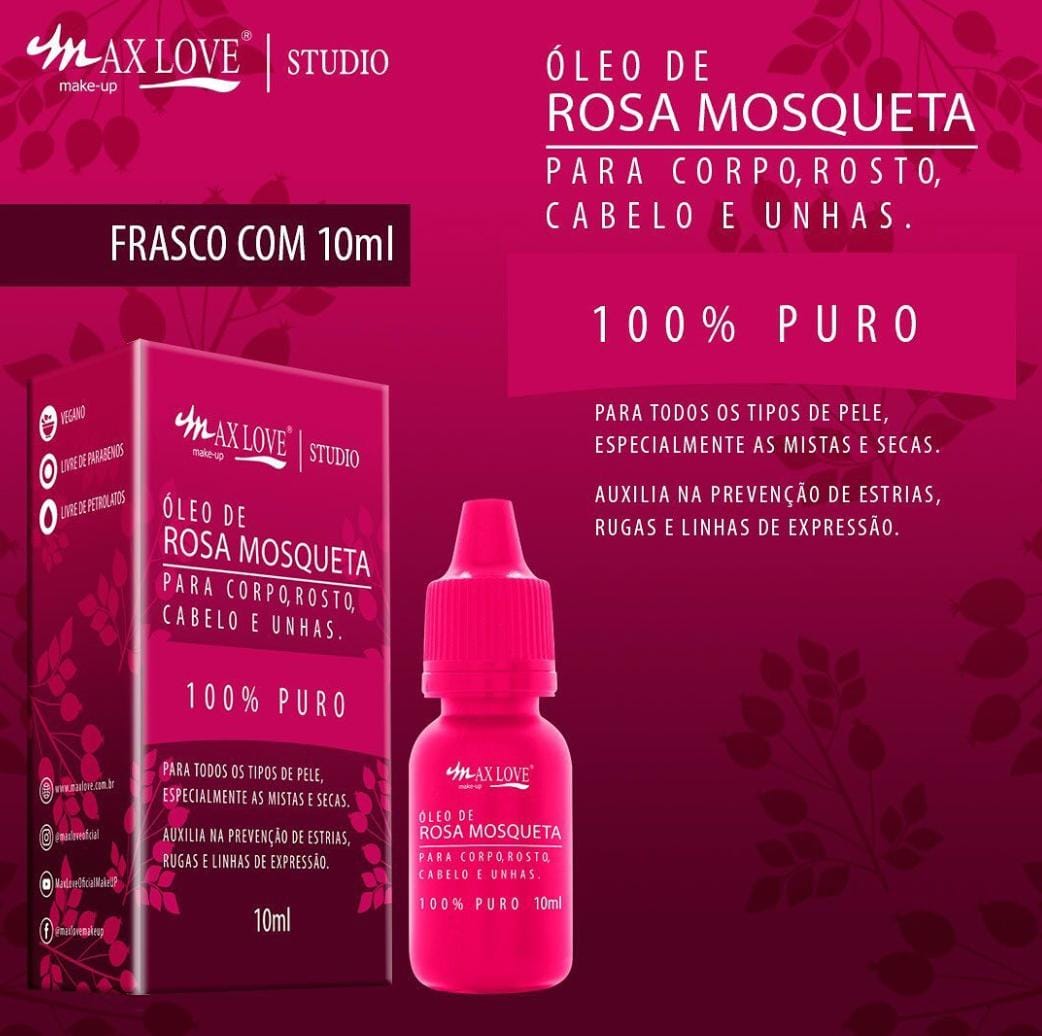 O Óleo de Rosa Mosqueta 100% Puro Max Love, não contém componentes adicionais, entregando assim, o máximo de benefícios do óleo, conhecido por auxiliar na prevenção de estrias, rugas e linhas de expressão
