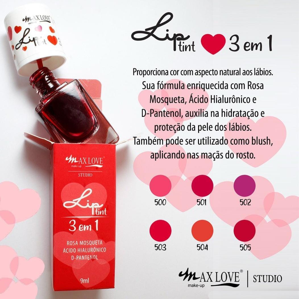 O Lip Tint 3 em 1 Cor 500 Max Love proporciona cor com aspecto natural aos lábios. Sua fórmula enriquecida com Rosa Mosqueta, Ácido Hialurônico e D-Pantenol, auxilia na hidratação e proteção da pele dos lábios. Também pode ser utilizado como blush, aplicando nas maçãs do rosto.