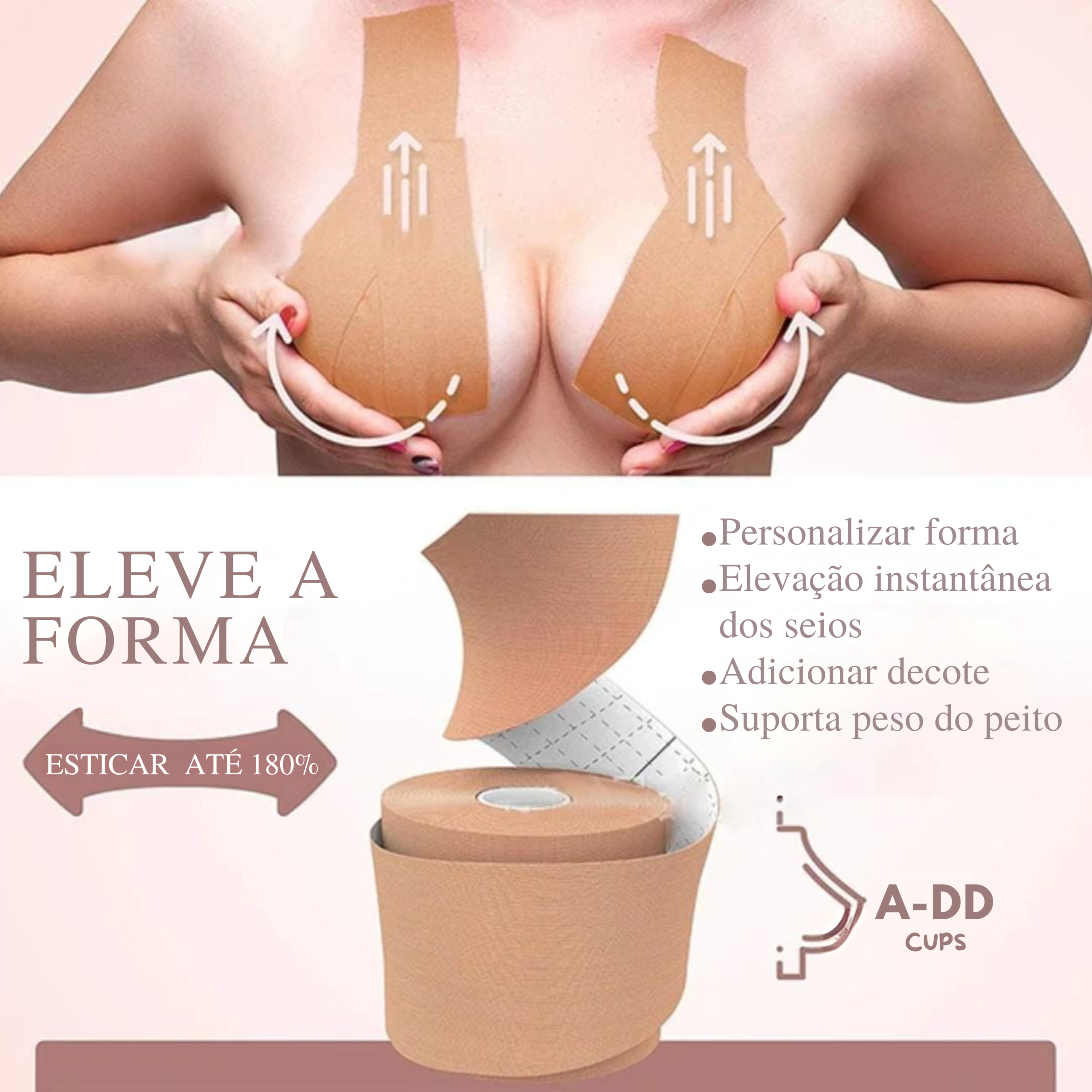 O Boob Tape Sutiã Adesivo foi desenvolvido para levantar e modelar os seios, permitindo usar roupas com decotes profundos e costas livres, sem marcar.