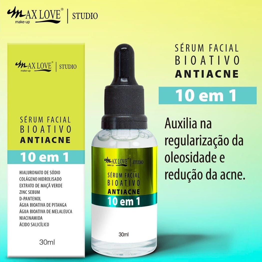 O Sérum Facial Bioativo Antiacne 10 em 1 da Max Love foi desenvolvido para cuidar profundamente da pele oleosa e acneica, ajudando a deixar o rosto mais uniforme, equilibrado e saudável.