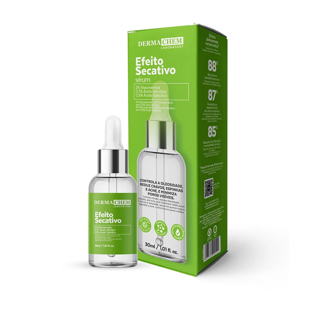 O Sérum Efeito Secativo Dermachem foi desenvolvido para reduzir a inflamação acneica, controlar a oleosidade e ajudar a prevenir novos surtos, deixando a pele mais limpa e saudável.