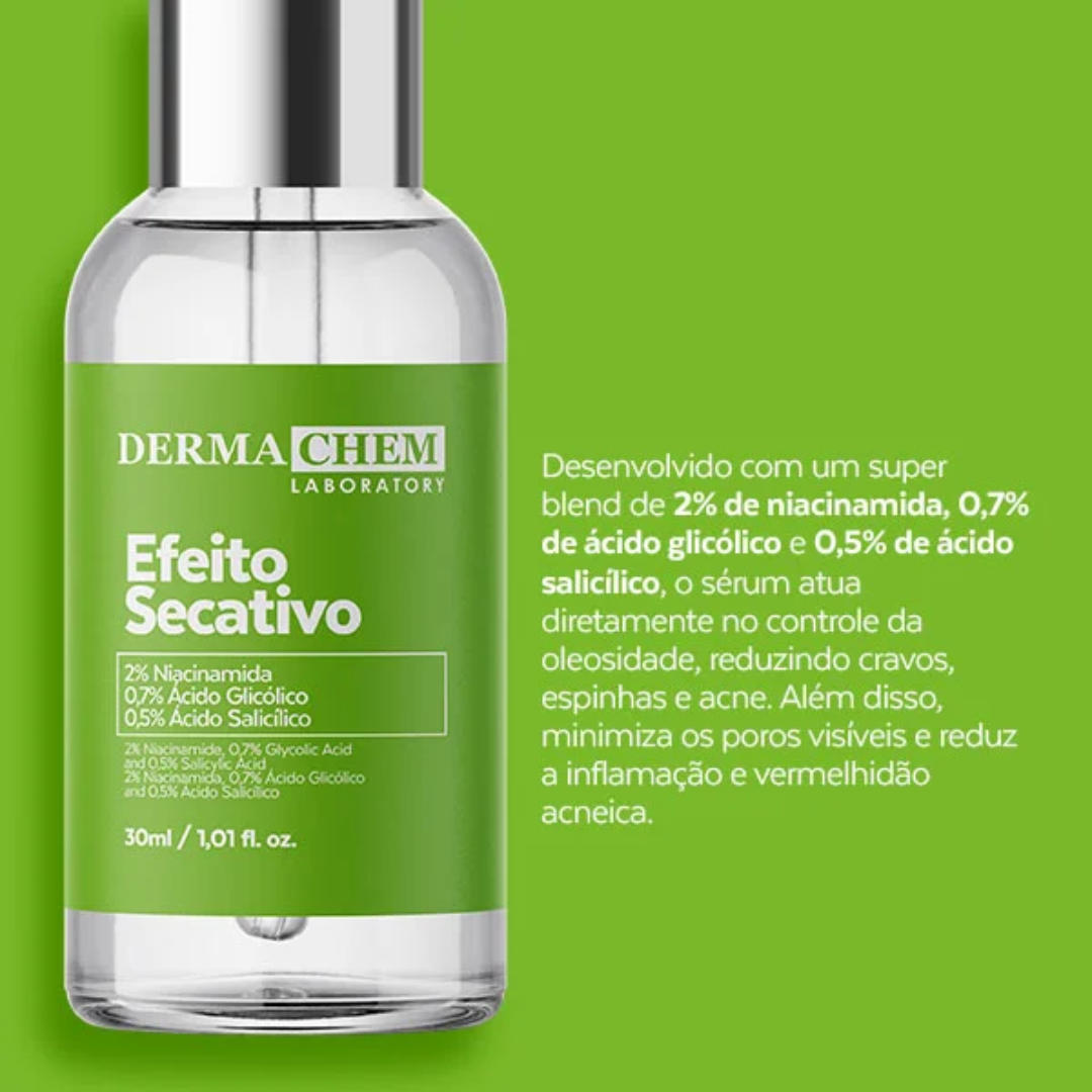 O Sérum Efeito Secativo Dermachem foi desenvolvido para reduzir a inflamação acneica, controlar a oleosidade e ajudar a prevenir novos surtos, deixando a pele mais limpa e saudável.